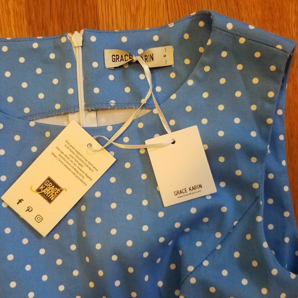 NWT Grace Karin Poka Dot Blue White 95% Cotton  Sleeveless Dress sz S READ - Picture 5 of 10